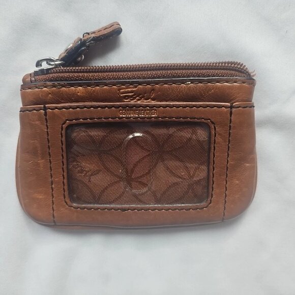 Fossil Brown Genuine Leather ID Coin Coin Purse W/Attached Keychain - Picture 1 of 3